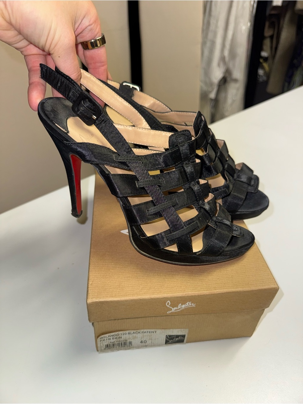 Black Satin Cage Slingback Heels